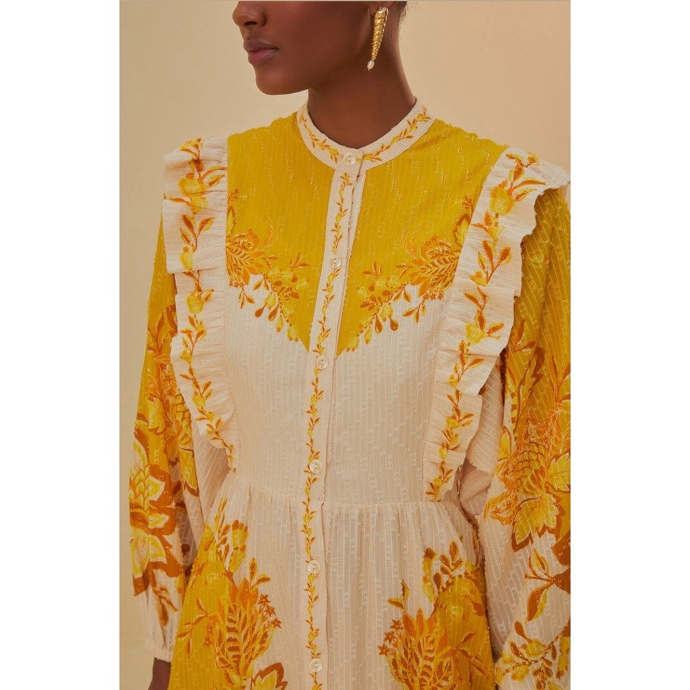 Farm Rio Aura Floral Maxi Dress Yellow Cream Ruffle Button Front Boho XL NEW - Picture 3 of 16